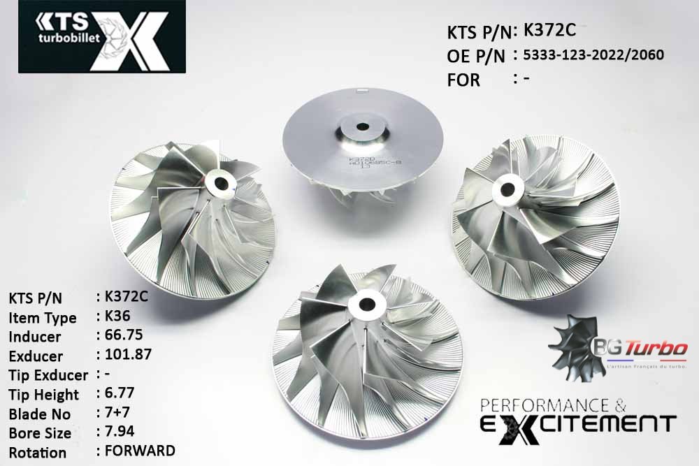 Turbo ROUE FORGÉE MFS PERFORMANCE - 7+7 PALES - INDUCER : 66,75 - EXDUCER : 101,87 - TYPE : K36ANGLE : 60° - ROTATION : Forward - SUPER BACK : 6,01 - BORE SIZE : 7,94
